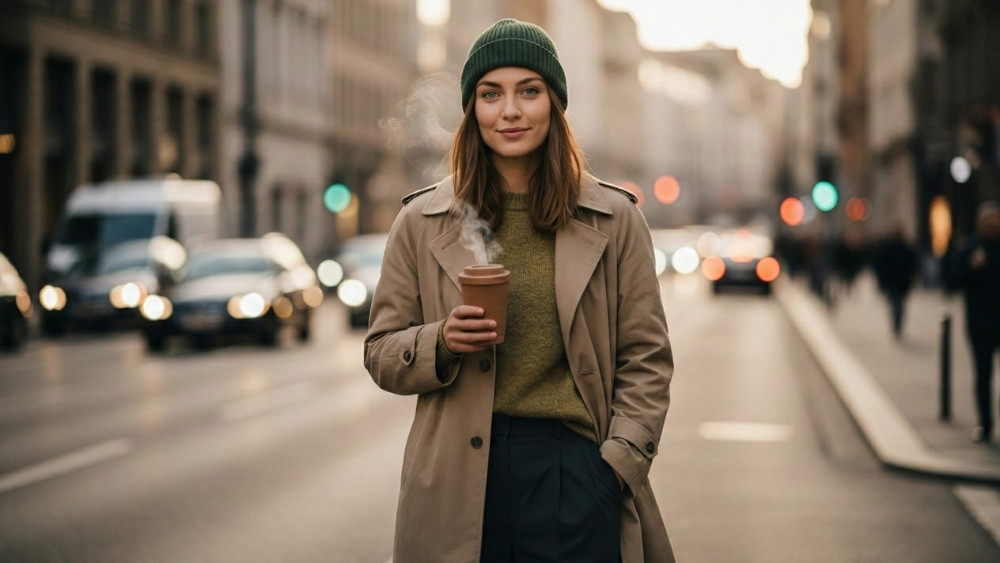 Žena držiaca ekologický pohár na kávu z kávovej usadeniny v meste – štýlový zero waste reusable coffee cup